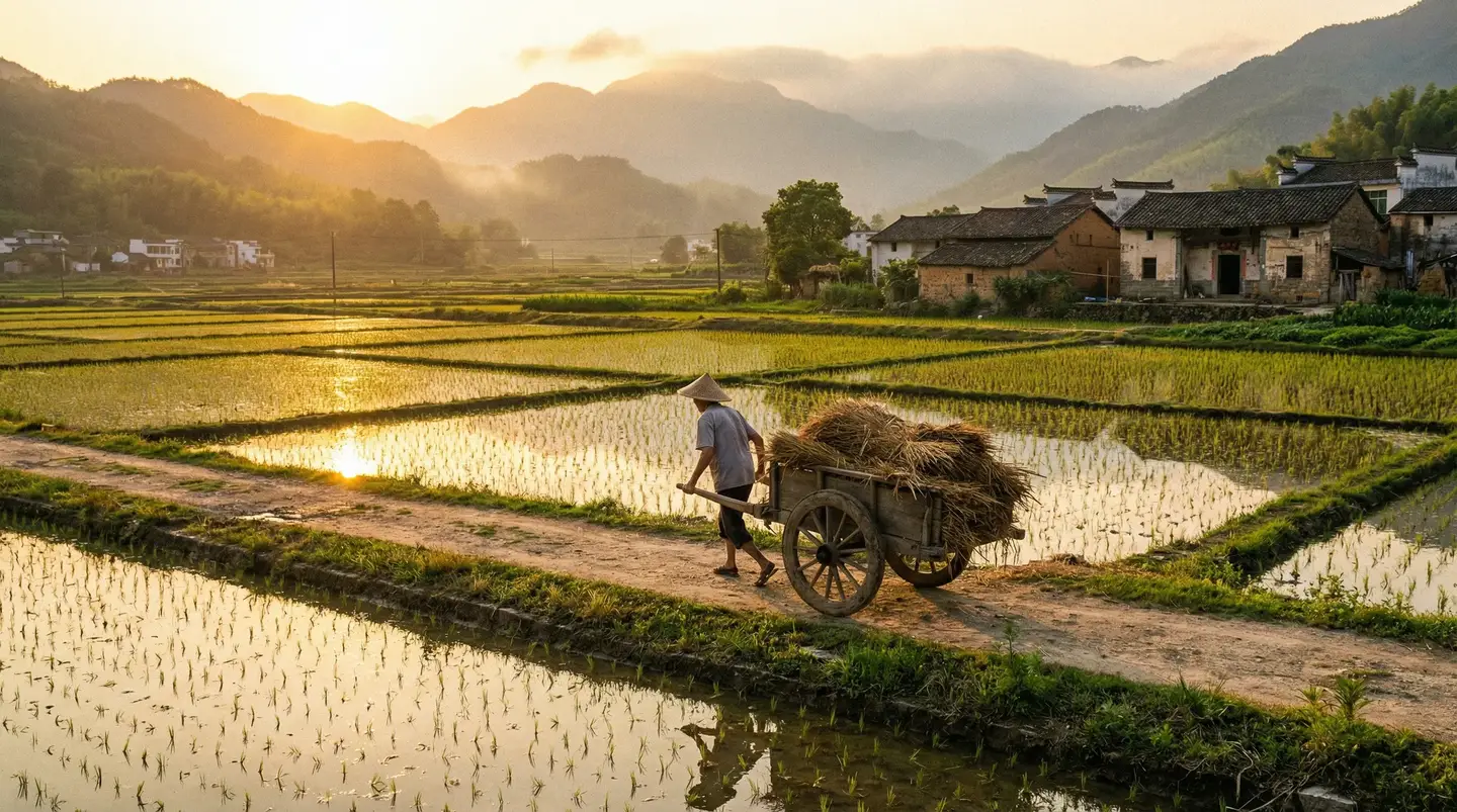 国第一产在线精品亚洲区 - 金色夕阳下的乡村田野，老农推着木车行走在田埂上