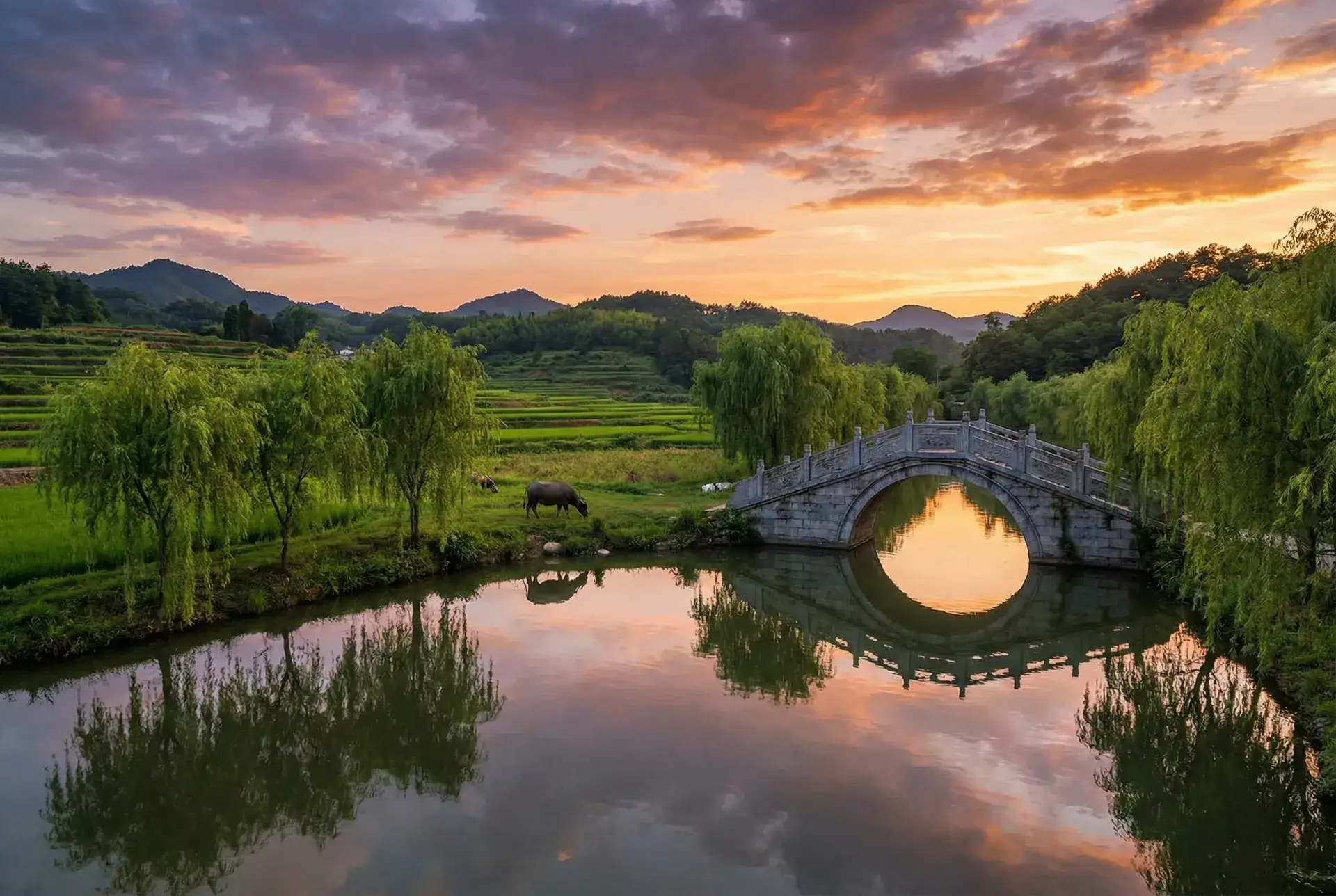 夕阳下的石拱桥与垂柳，水牛在河边吃草 - 国第一产在线精品亚洲区 乡村美景